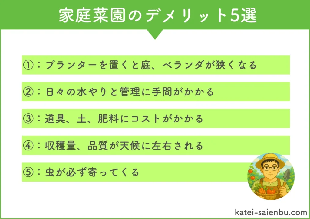 家庭菜園のデメリット5選。1つ目、プランターを置くと庭、ベランダが狭くなる。2つ目、日々の水やりと管理に手間がかかる。3つ目、道具、土、肥料にコストがかかる。4つ目、収穫量、品質が天候に左右される。5つ目、虫が必ず寄ってくる。